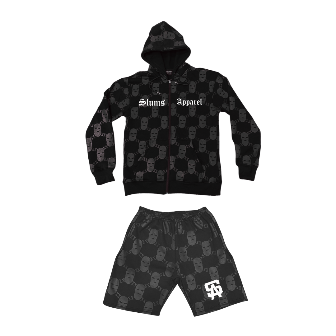 All Over Print Ski Mask - Black Zip Up Matching Set