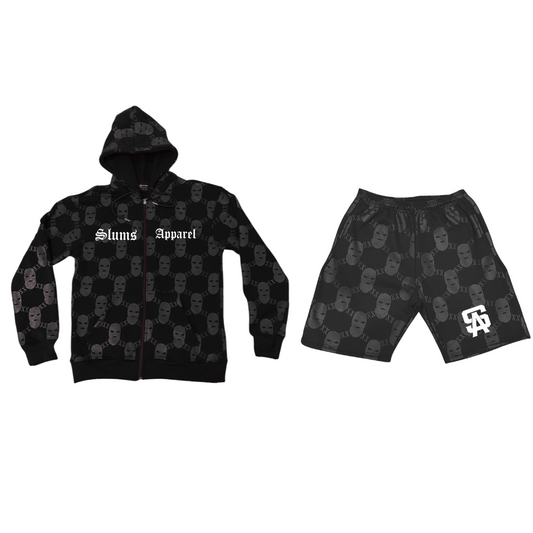 All Over Print Ski Mask - Black Zip Up Matching Set