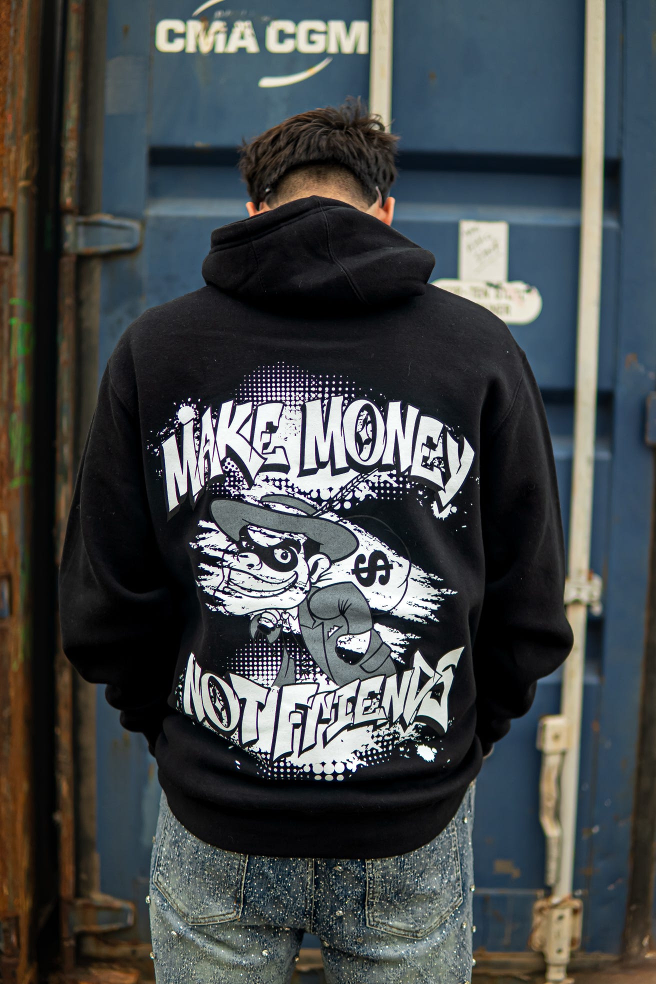 A black graphic hoodie make money not friends  Back side 