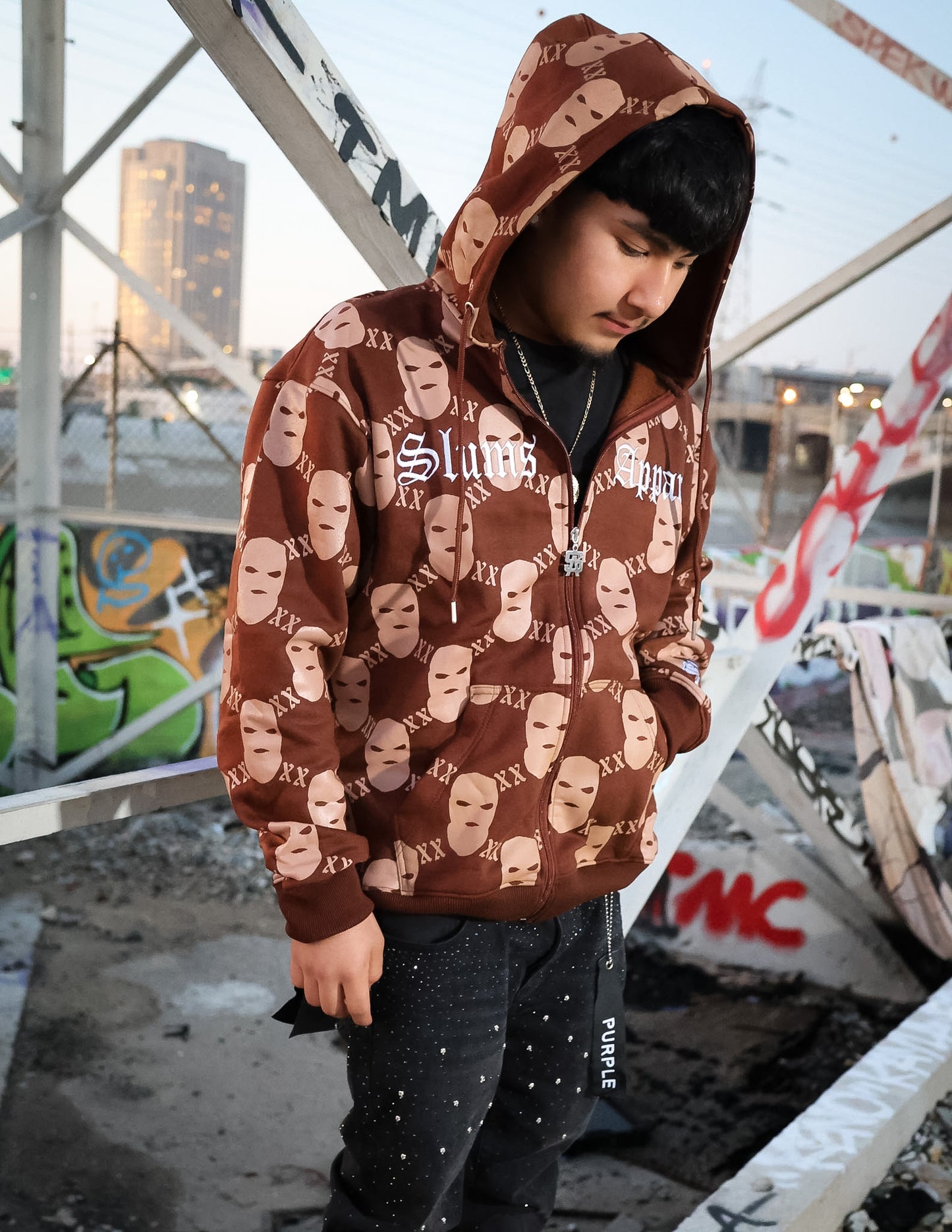 All Over Print Ski Mask - Brown Zip Up