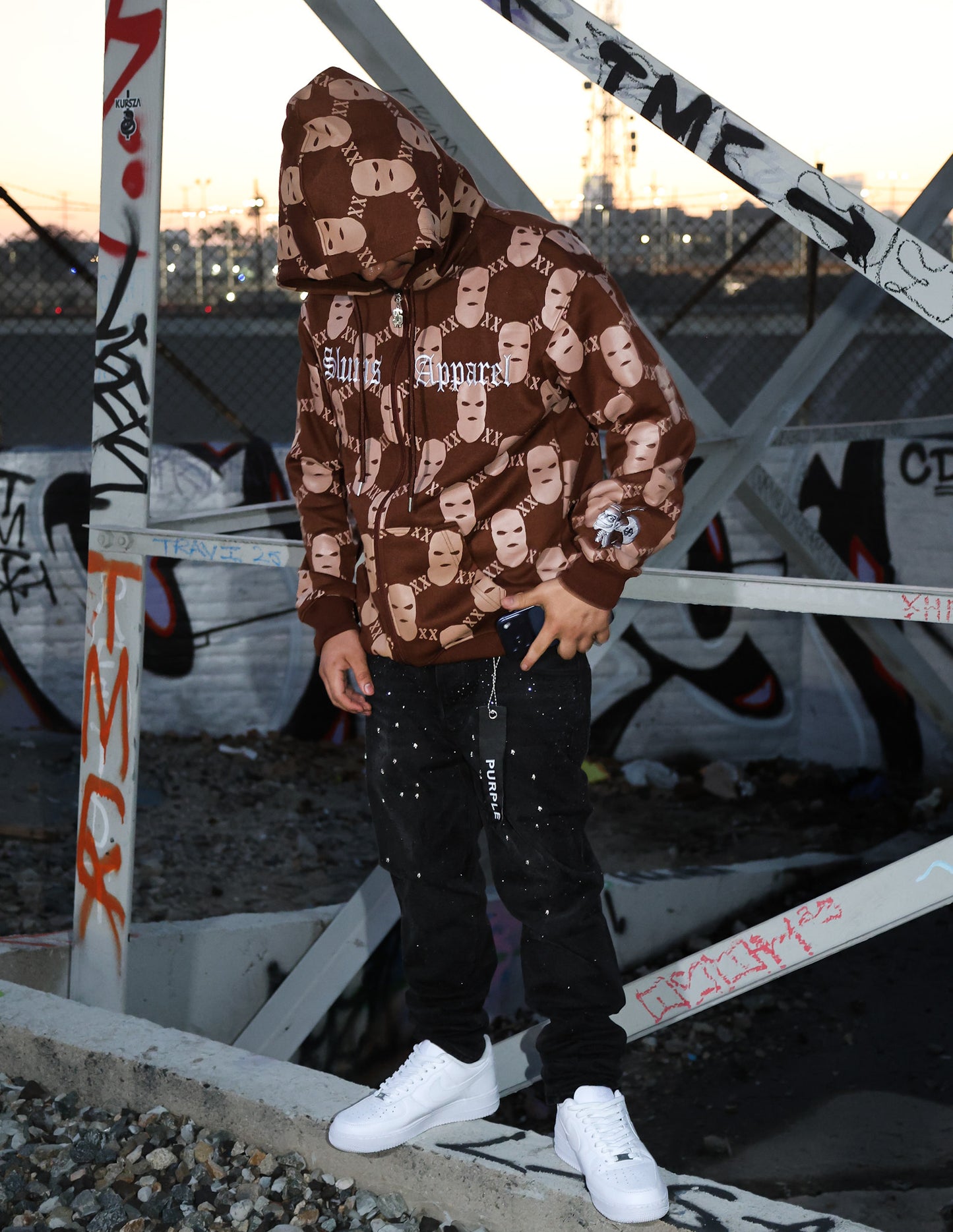 All Over Print Ski Mask - Brown Zip Up