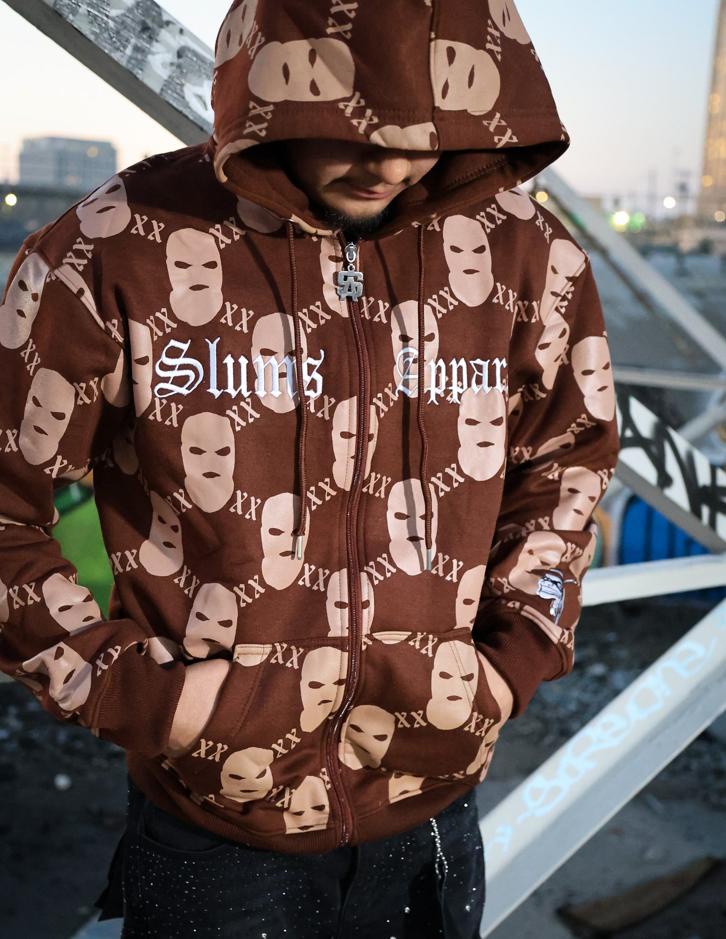 All Over Print Ski Mask - Brown Zip Up