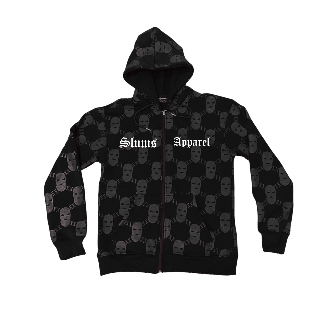 All Over Print Ski Mask - Black Zip Up