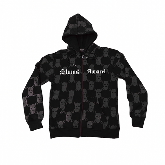 All Over Print Ski Mask - Black Zip Up
