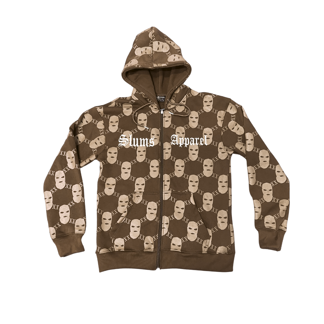 All Over Print Ski Mask - Brown Zip Up