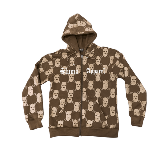 All Over Print Ski Mask - Brown Zip Up